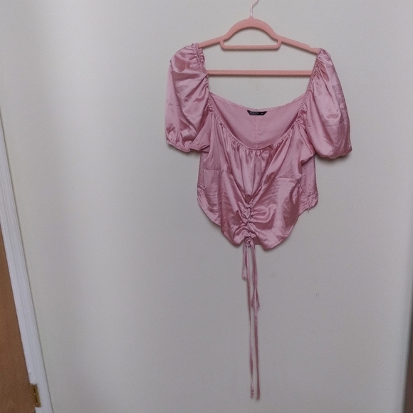 Shein Curve Pink Satin Puff Sleeve Lace Up Blouse 3XL - Picture 1 of 8